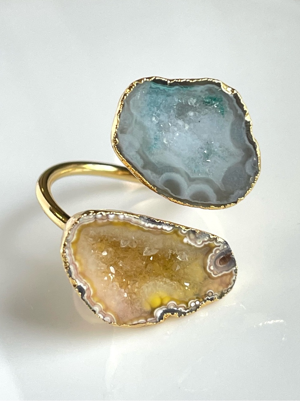 18K Gold Plated Yellow & Blue Agate Druzy Wrap Ring - Picture 3 of 10